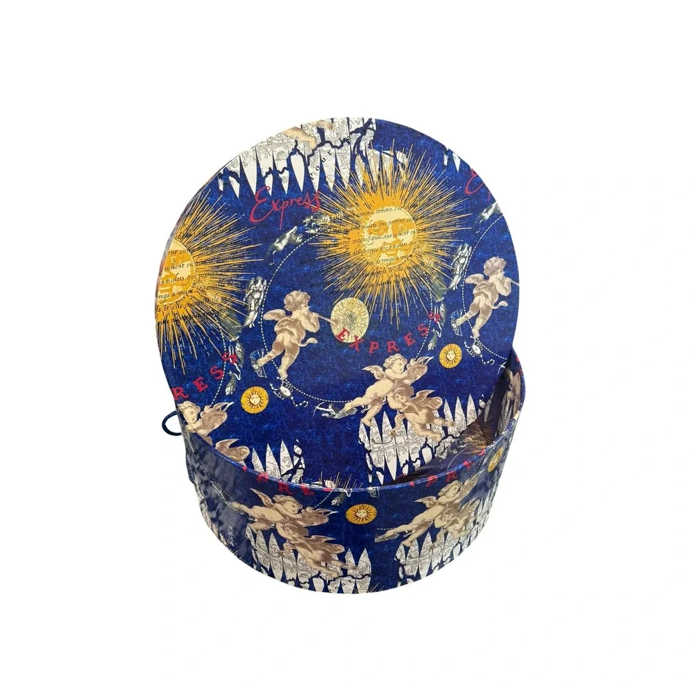 Vintage 90s Celestial Round Hat Box Cherub Zodiac Sun Moon Decorative Storage